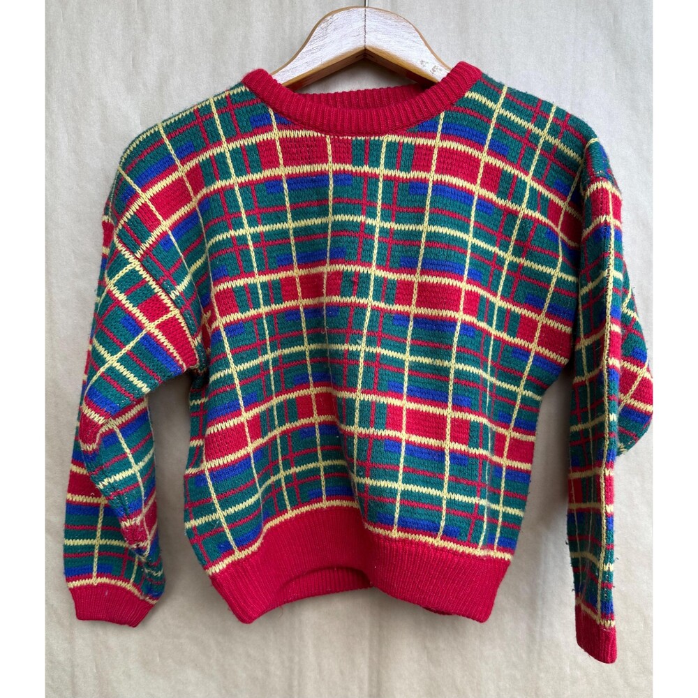 Vintage 90s Tangiers Kids Plaid Sweater 10/12 - Colorful Geometric Knit